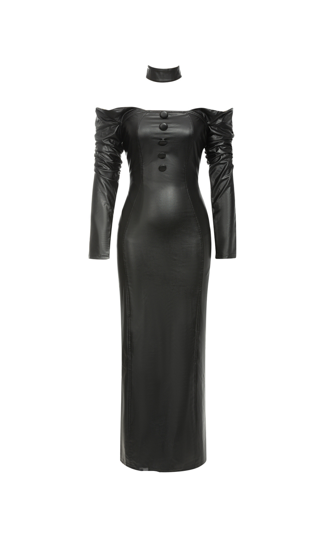 BLACK OFF-SHOULDER LONG-SLEEVED LEATHER DRESS WITH SLIT
