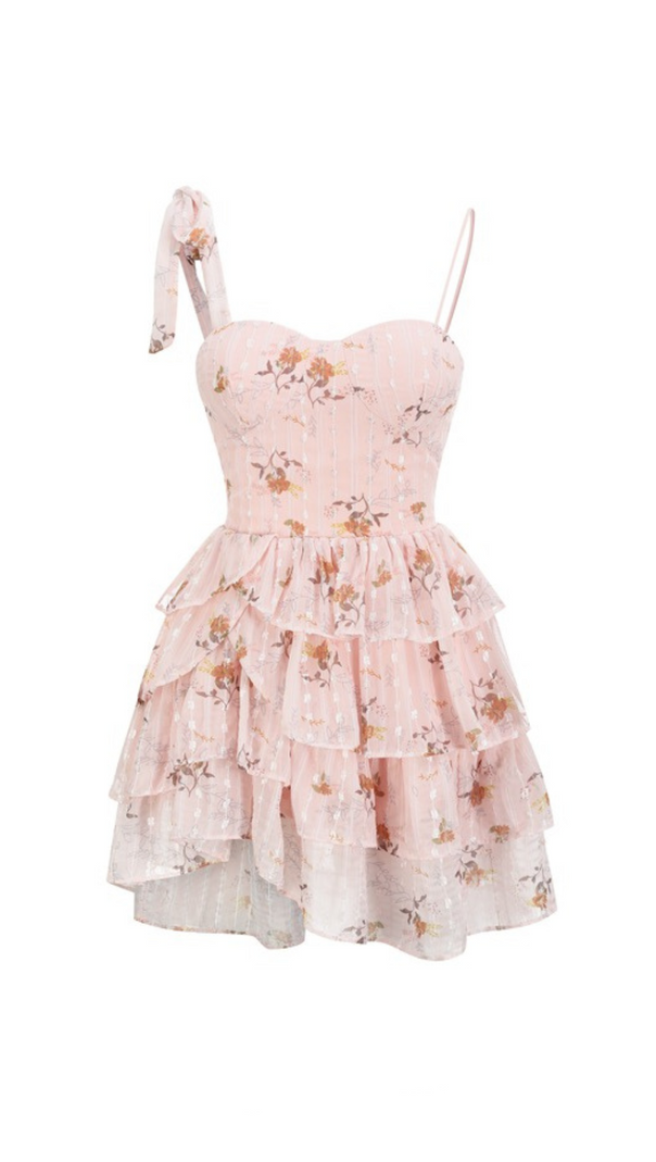 AIIZIE ONE-SHOULDER PRINTED RUFFLE TRIM MINI DRESS IN PINK - product image