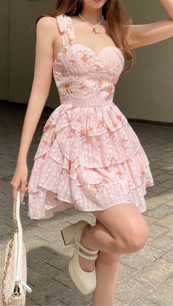 AIIZIE ONE-SHOULDER PRINTED RUFFLE TRIM MINI DRESS IN PINK - product image