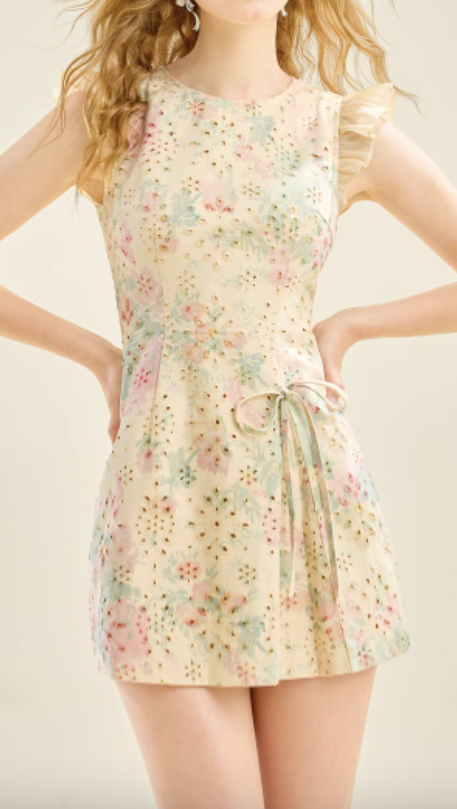 BOW FLORAL PRINTED MINI DRESS IN YELLOW