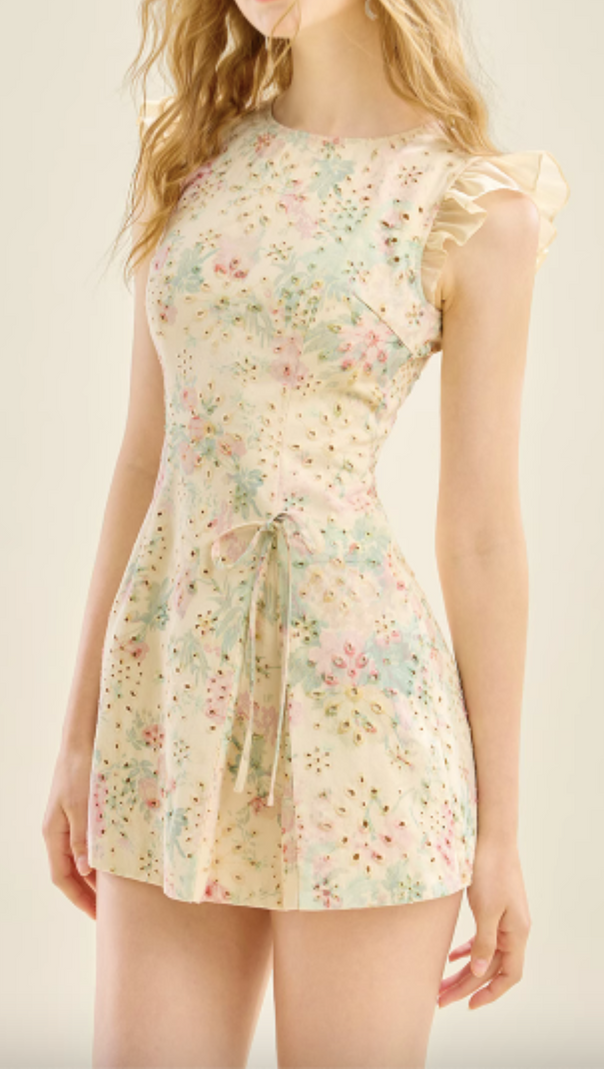AIIZIE BOW FLORAL PRINTED MINI DRESS IN YELLOW - product image