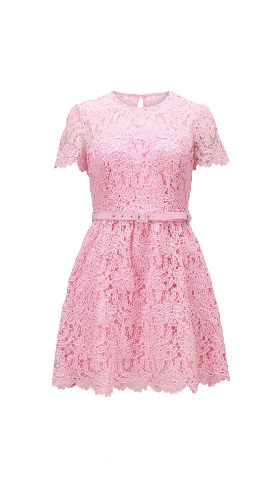 PINK GUIPURE ROUND NECK MINI DRESS