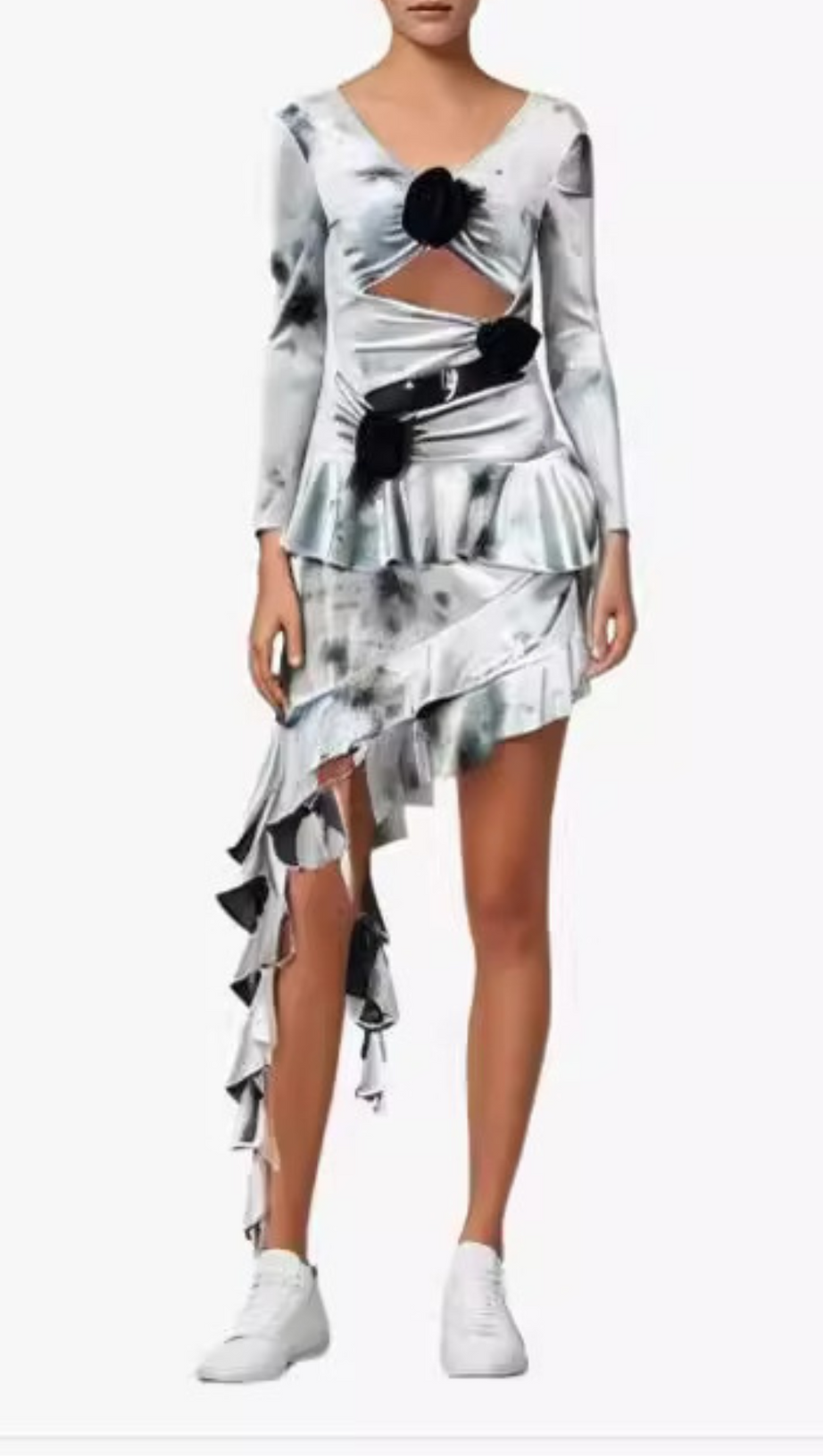 TIE DYE ASYMMETRIC FRINGE FLORAL MIDI DRESS