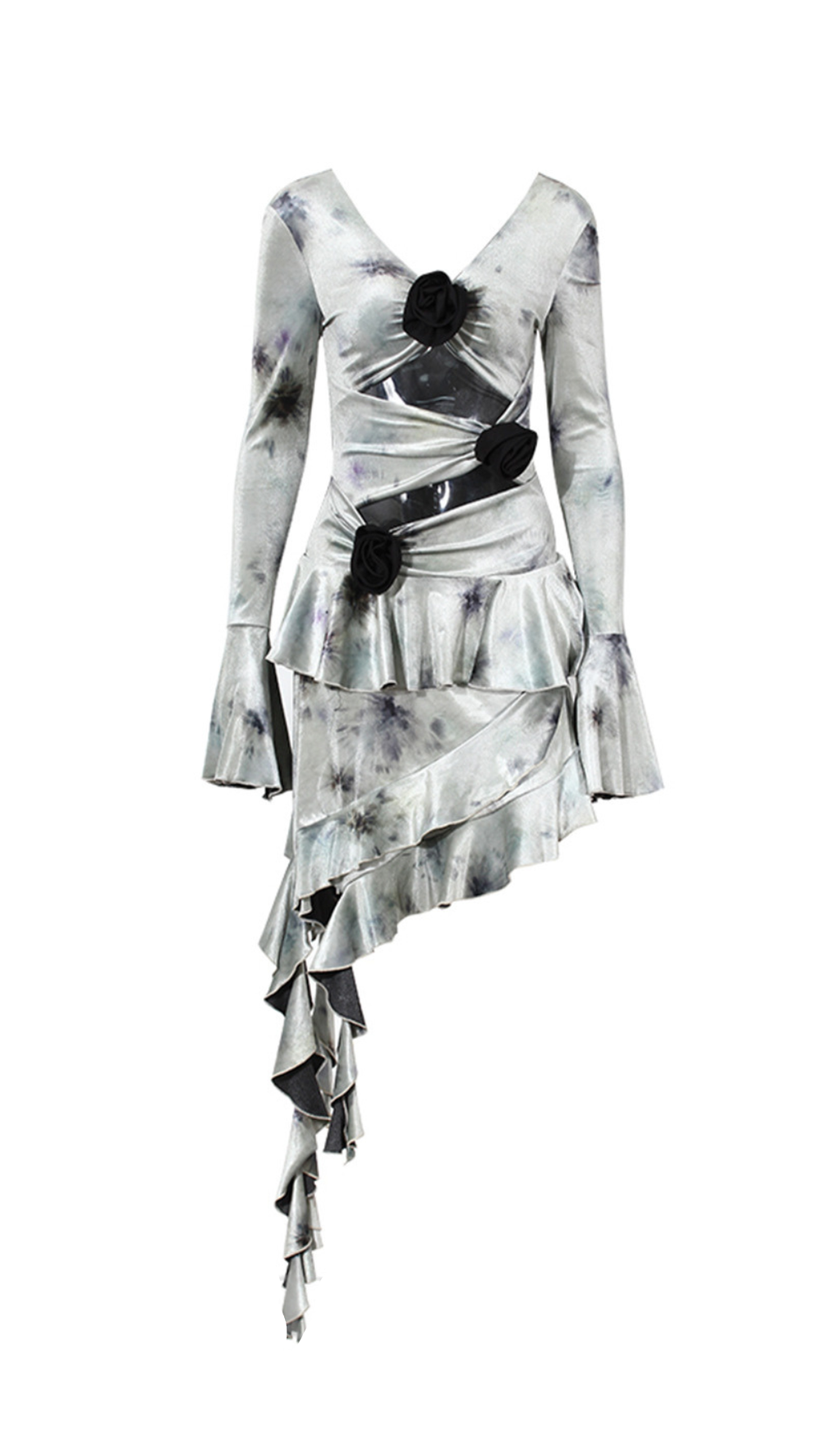 TIE DYE ASYMMETRIC FRINGE FLORAL MIDI DRESS