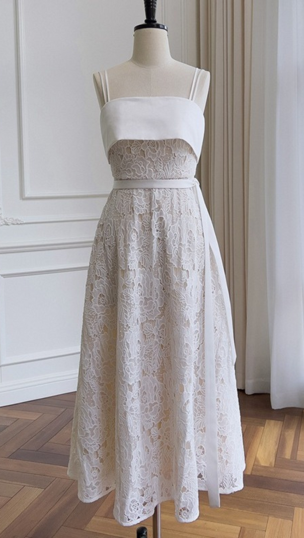 AIIZIE FLORAL EMBROIDERY FLARED MIDI DRESS IN WHITE - product image