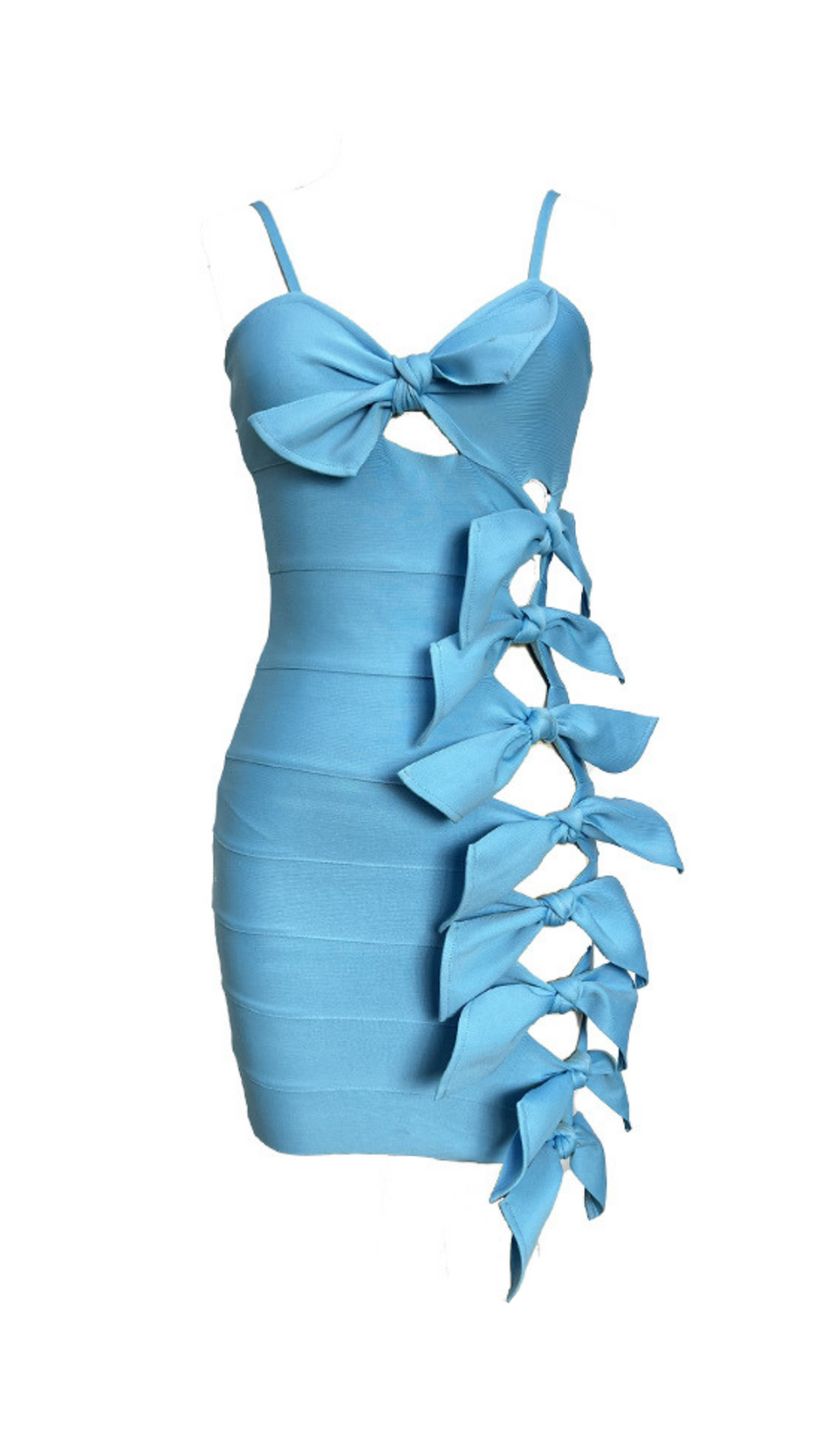 MINI ABITO CON BENDAGGIO E FIOCCO AL COLLO ALTO BLU
