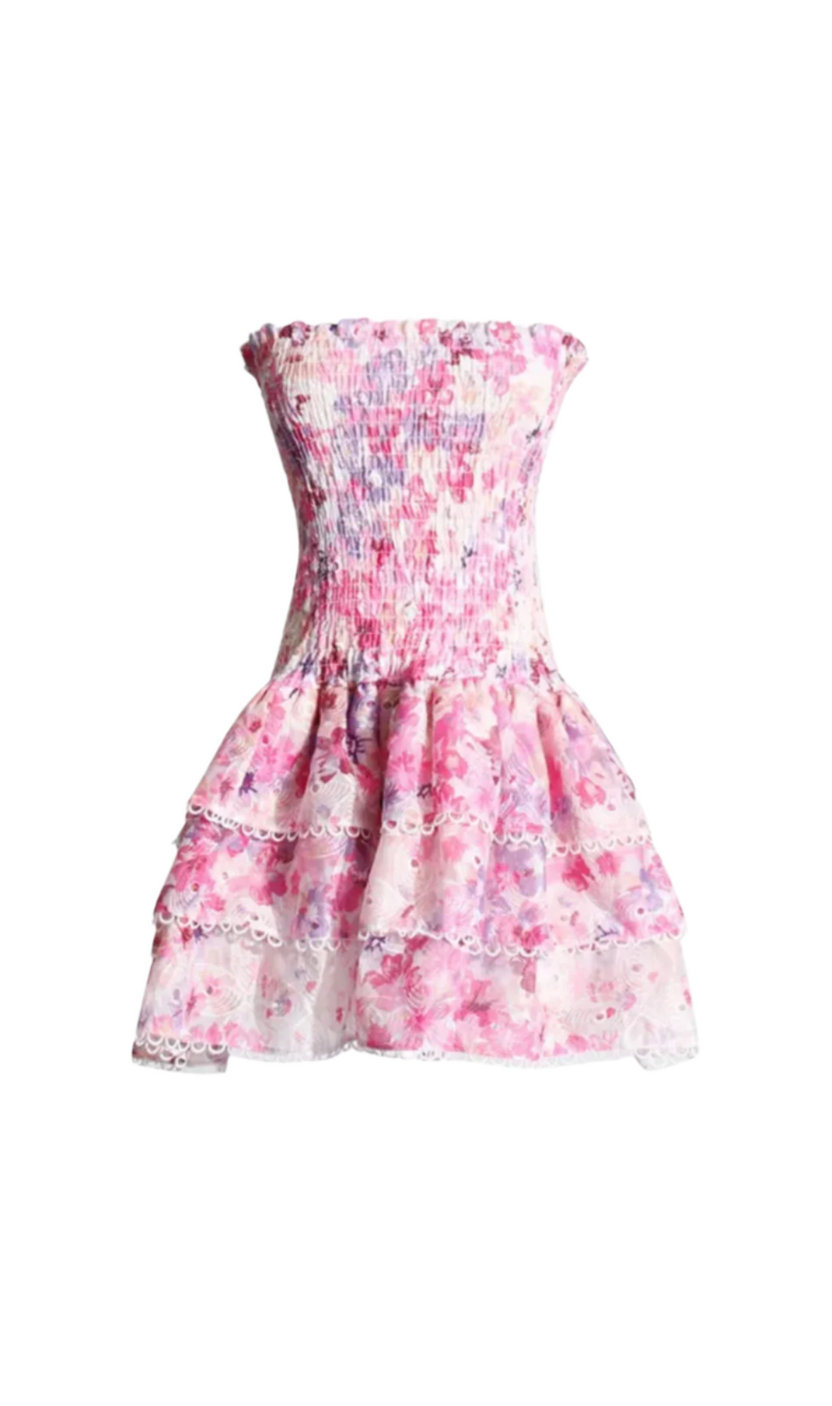 ROSA BLUMEN-MINIKLEID MIT RÜSCHEN UND TRÄGERLOSEM MUSTER