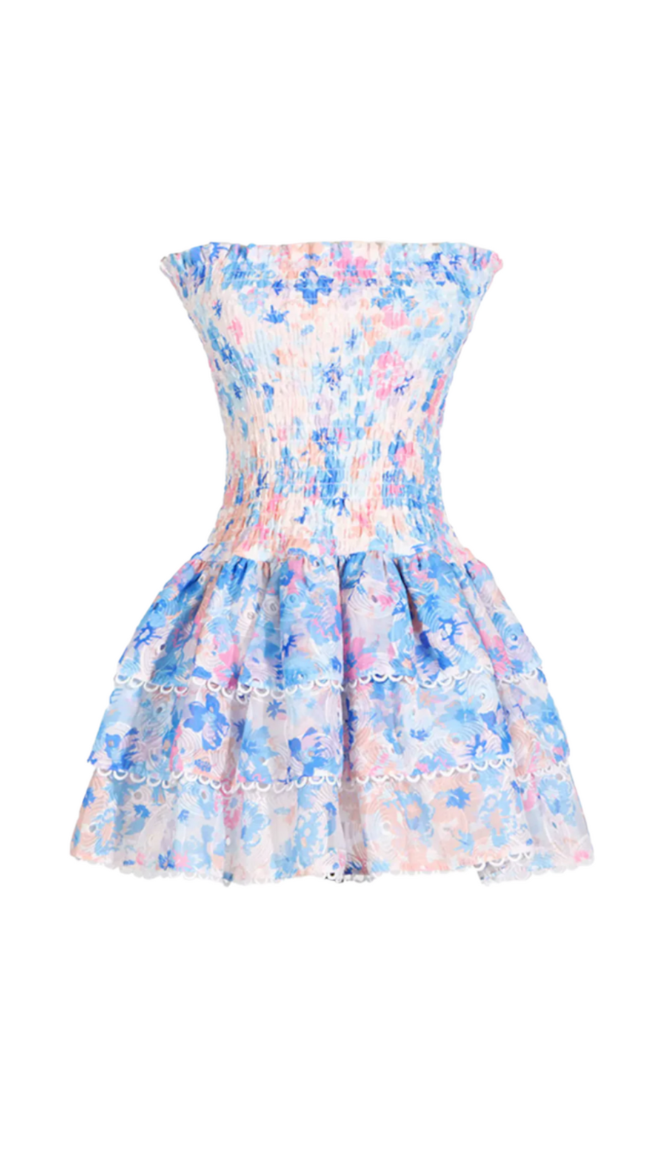 BLAUES, BLUMENMUSTER, RÜSCHEN-TRÄGERLOSES MINIKLEID