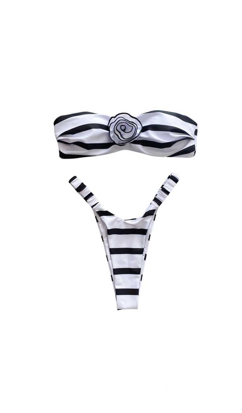 STRIPE FLOWER BIKINI TWO PIECE SET