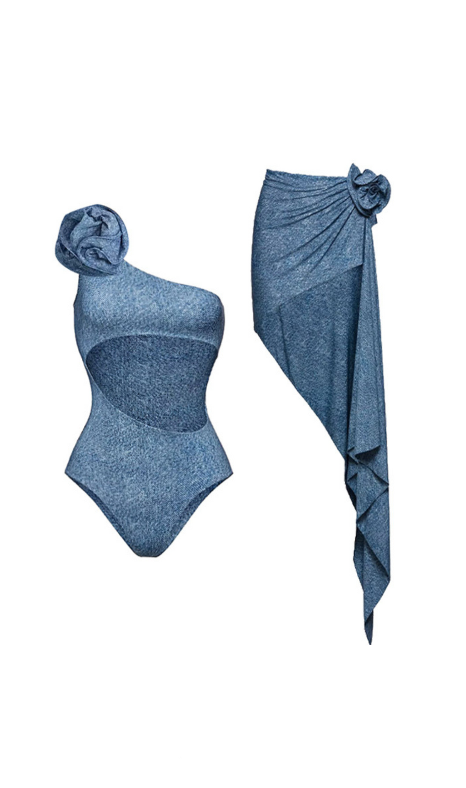 Zweiteiliges Badeanzug-Set aus Denim mit blauen Blumen