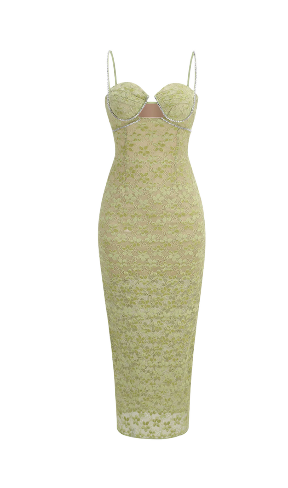 MIDIKLEID MIT SPITZENBLUMEN UND KRISTALLKETTE