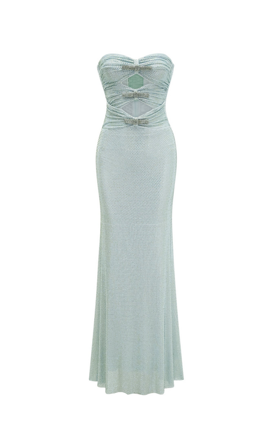 Mintgrünes, trägerloses Maxikleid mit Strass