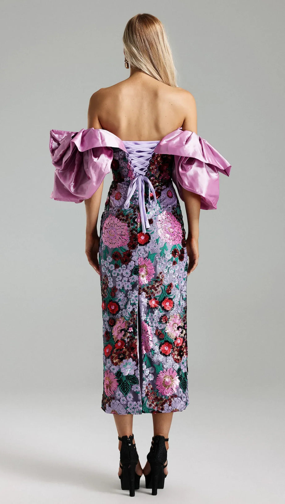 ANGELA MULTICOLOR FLOWER SEQUINS RUFFLED SHOULDER MIDI DRESS