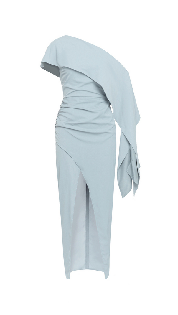AIIZIE BLUE ASYMMETRICAL NECK RUCHED SPLIT THIGH DRESS - product image