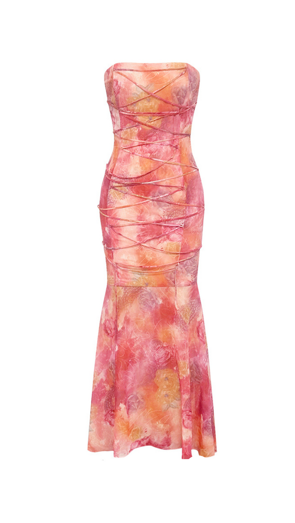 AIIZIE STRAPLESS PRINTED BODYCON KNOT MIDI DRESS - product image