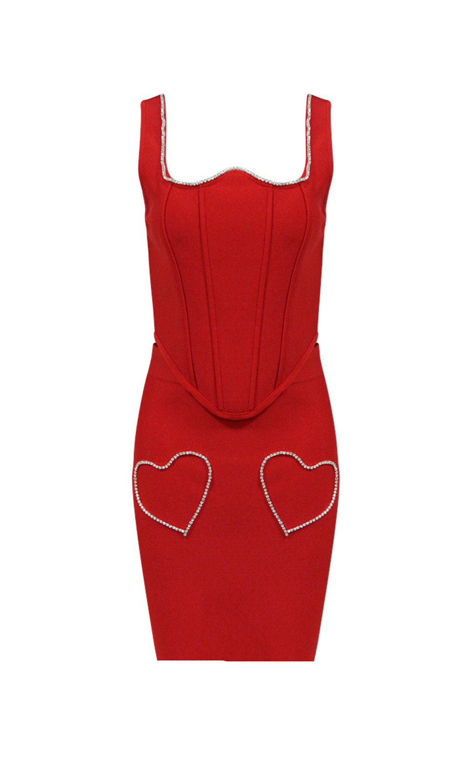 ABITO DUE PEZZI CON CORSETTO A CUORE DI CRISTALLO IN ROSSO