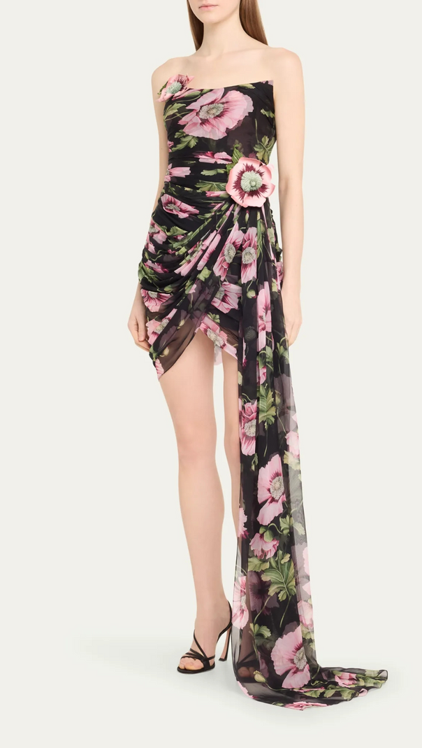 AIIZIE FLORAL PRINTED STRAPLESS DRAPED MINI DRESS - product image