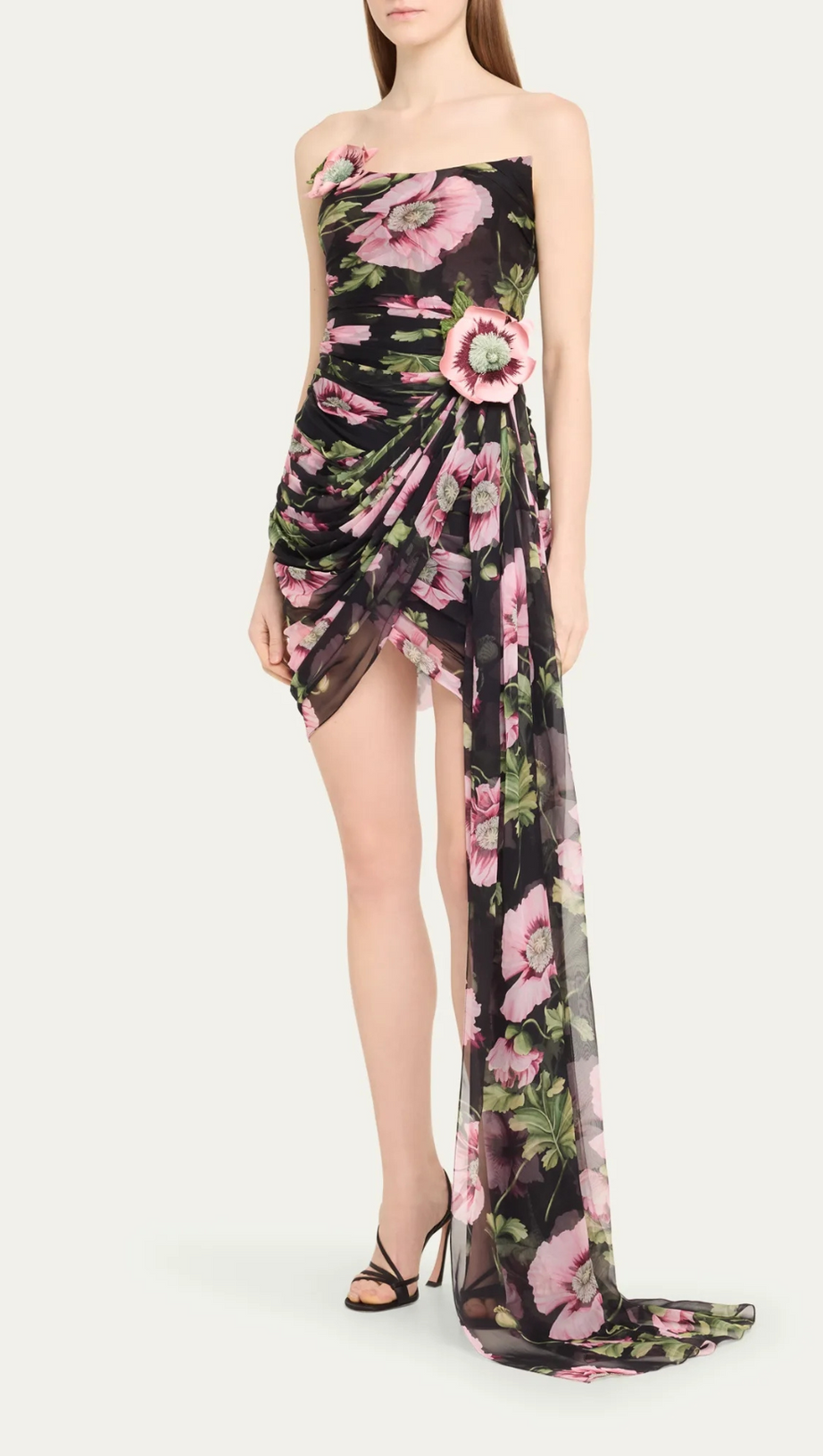 TRÄGERLOSES, DRAPIERTES MINIKLEID MIT BLUMENDRUCK