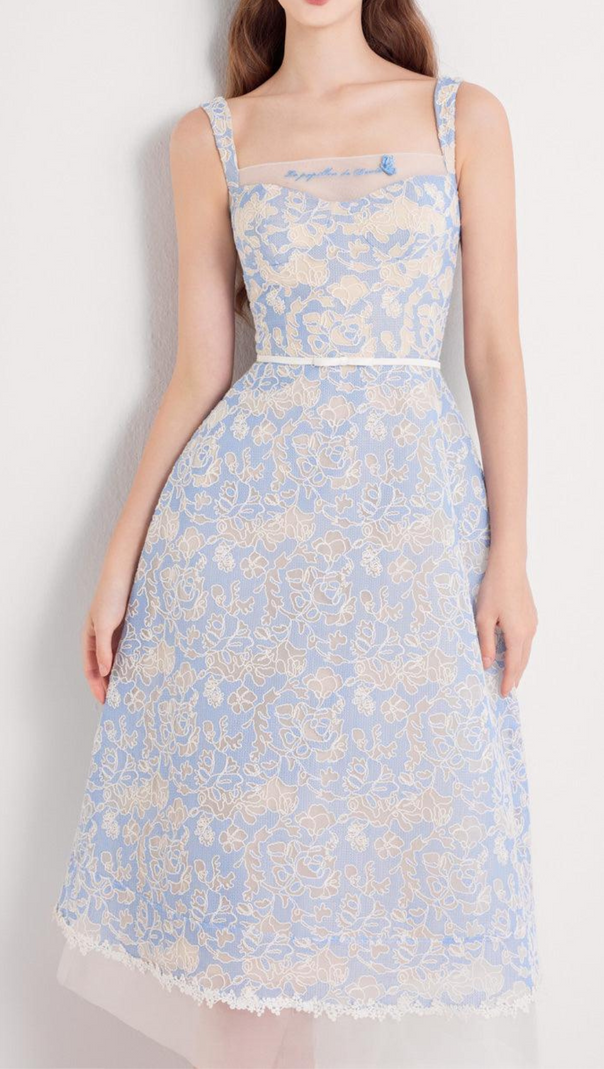 AIIZIE A-LINE SQUARE NECK EMBROIDERED LACE MIDI DRESS IN BLUE - product image
