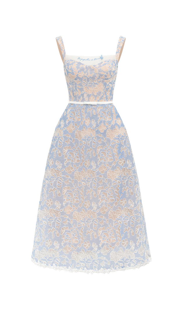 AIIZIE A-LINE SQUARE NECK EMBROIDERED LACE MIDI DRESS IN BLUE - product image