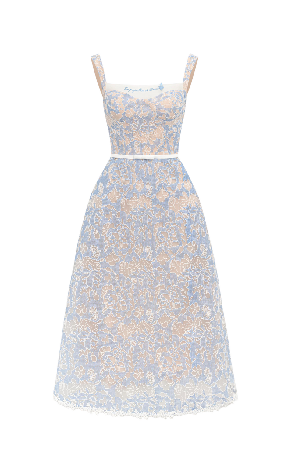 A-LINIE-MIDIKLEID MIT ECKIGEM AUSSCHNITT UND BESTICKTER SPITZE IN BLAU