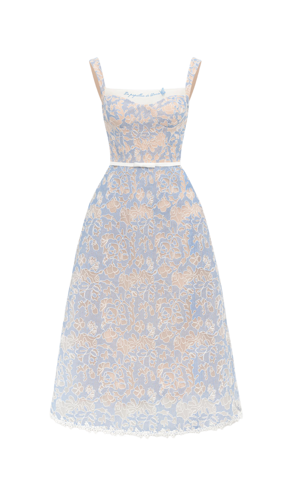 A-LINIE-MIDIKLEID MIT ECKIGEM AUSSCHNITT UND BESTICKTER SPITZE IN BLAU