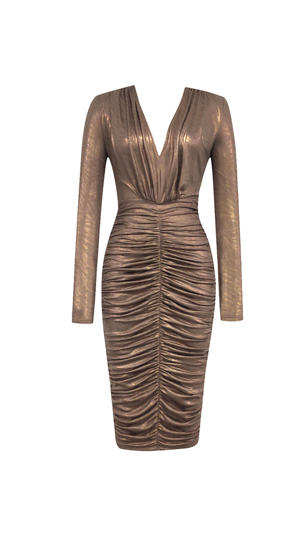 AIIZIE PLEATED HIP WRAP MIDI DRESS IN BROWN - product image
