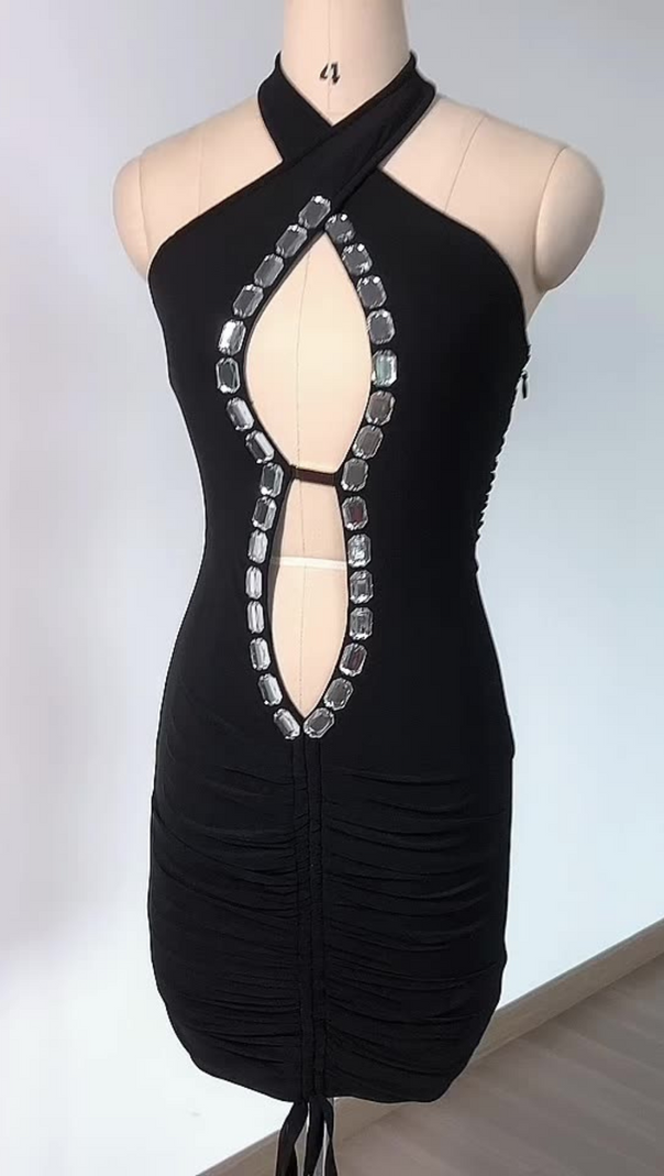 AIIZIE CUTOUT CRYSTAL EMBELLISHED HALTER MINI DRESS IN BLACK - product image
