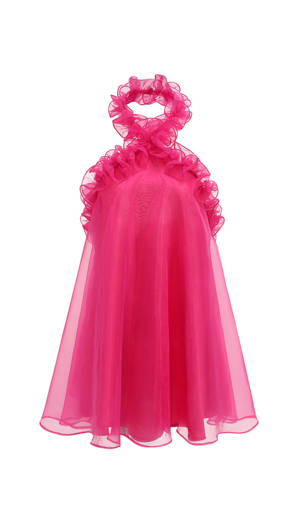 AIIZIE HOT PINK ORGANZA RUFFLED HALTER MINI DRESS - product image