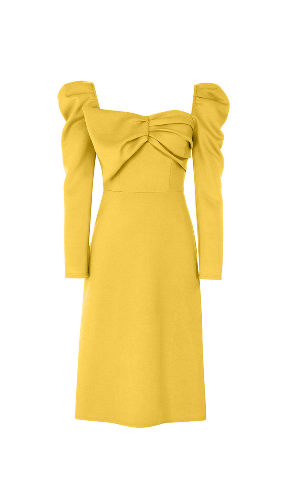 TWIST FRONT GIGOT SLEEVE MIDI DRESS IN YELLOW
