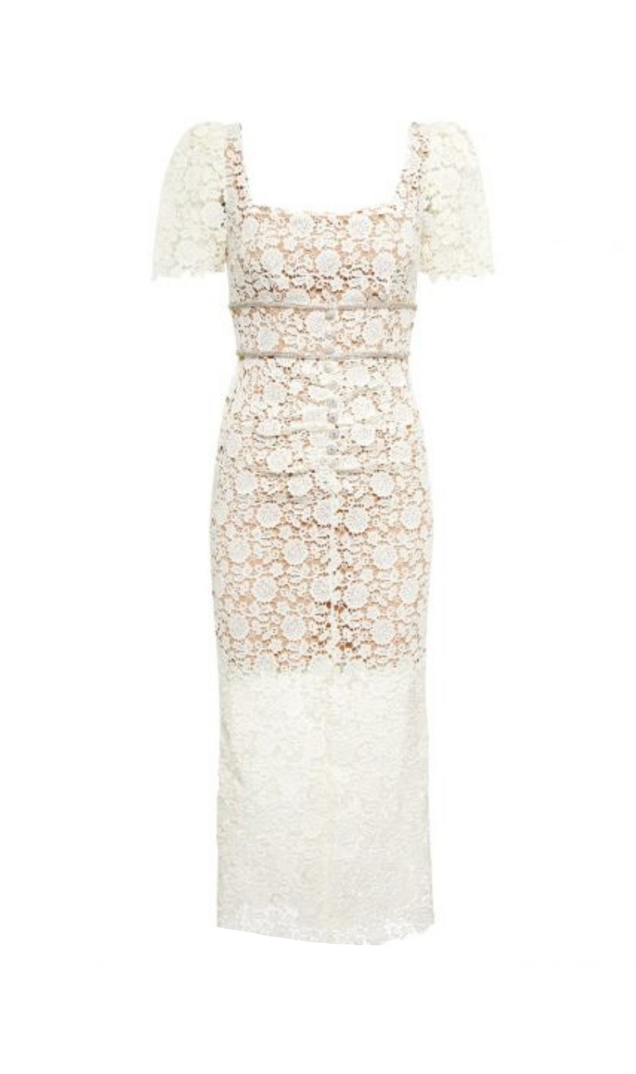 EMBELLISHED GUIPURE LACE MIDI DRESS IN WHITE