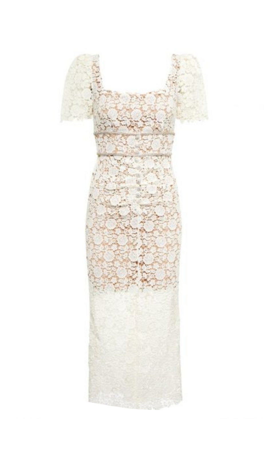 EMBELLISHED GUIPURE LACE MIDI DRESS IN WHITE