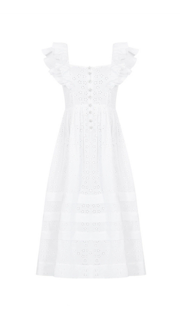 AIIZIE SQUARE COLLAR LACE MESH MAXI DRESS IN WHITE - product image
