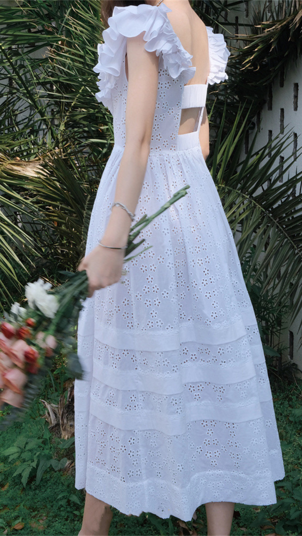 AIIZIE SQUARE COLLAR LACE MESH MAXI DRESS IN WHITE - product image