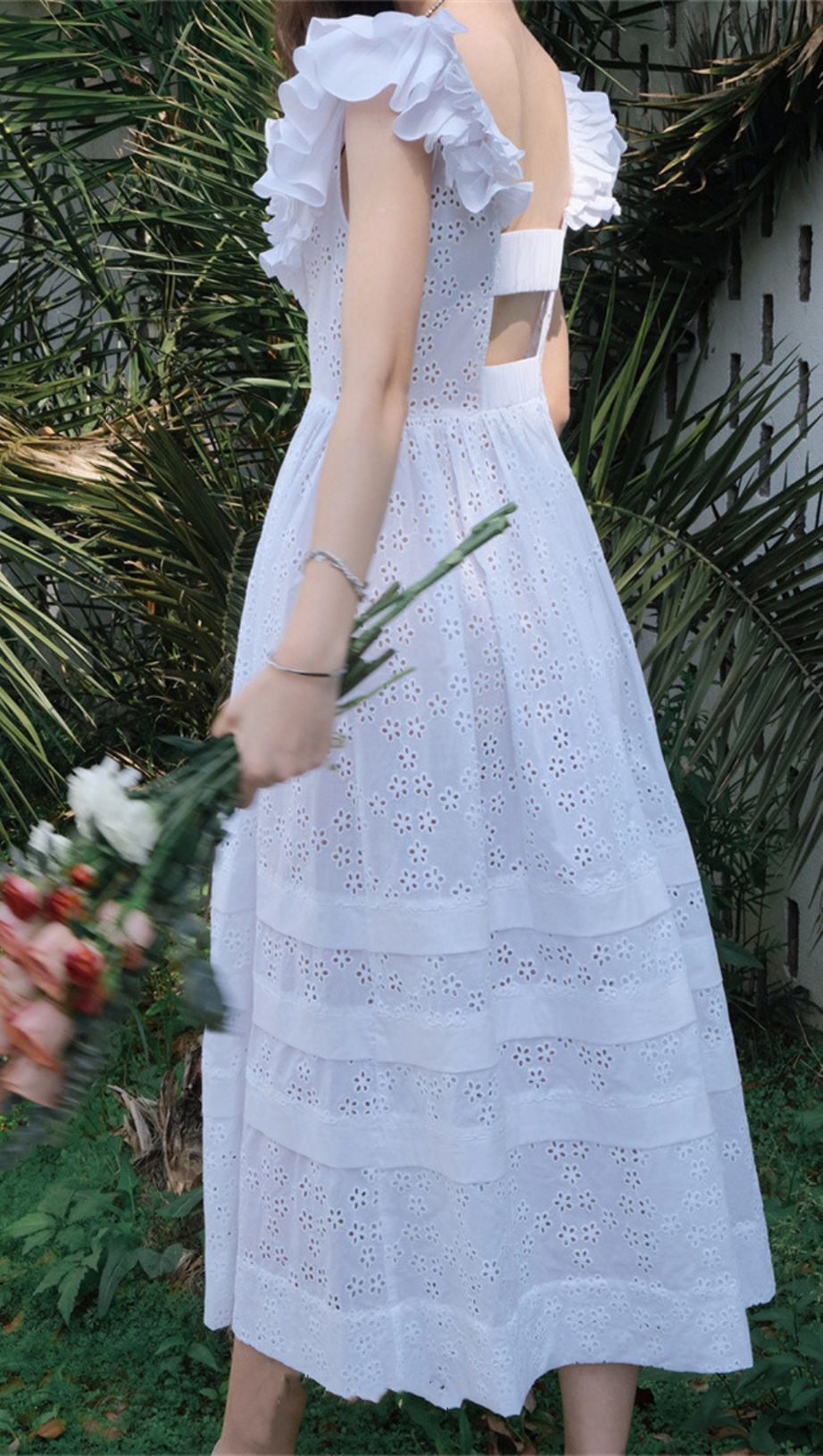SQUARE COLLAR LACE MESH MAXI DRESS IN WHITE