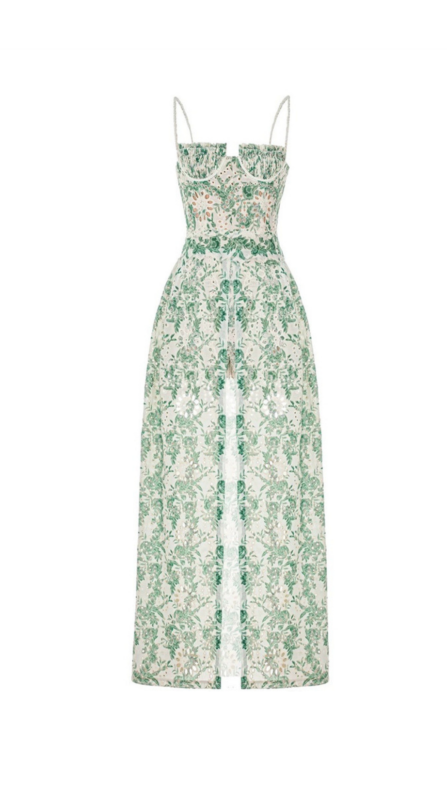 MIDIKLEID MIT BLUMENDRUCK UND OBERSCHENKELSCHLITZ IN GRÜN