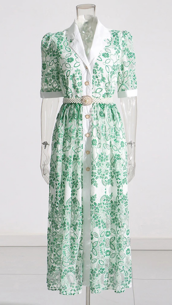 AIIZIE V NECK SPLICED BELTS EMBROIDERY MIDI DRESS IN GREEN - product image