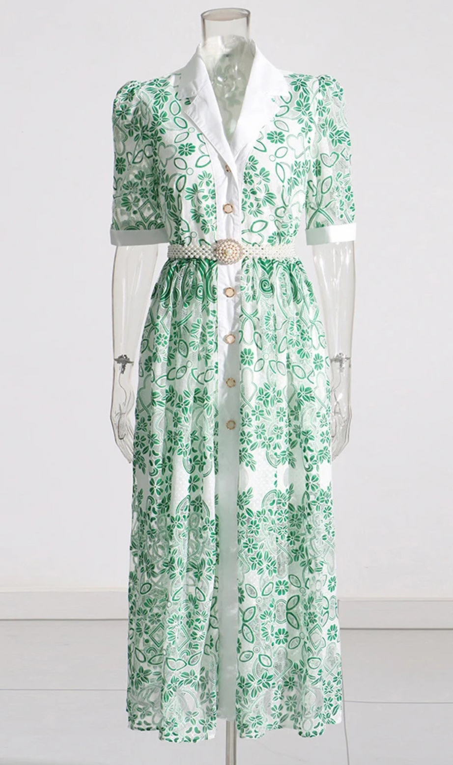 ABITO MIDI CON SCOLLO A V, CINTURE CON RICAMI, VERDE
