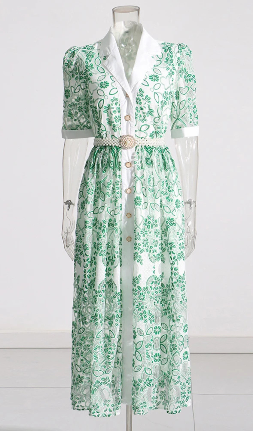 V NECK SPLICED BELTS EMBROIDERY MIDI DRESS IN GREEN