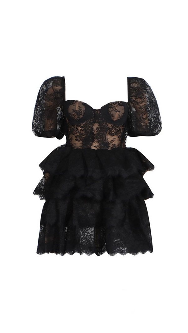 AIIZIE PUFF SLEEVE LACE MINI DRESS IN BLACK - product image