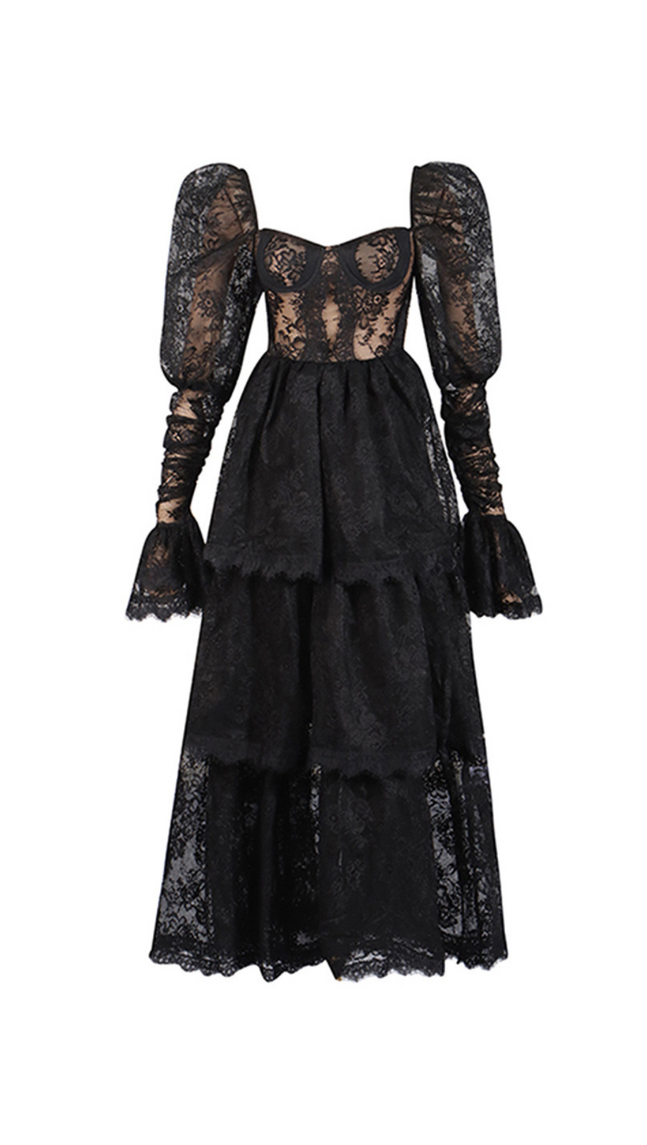 PUFF SLEEVE LACE MAXI DRESS IN BLACK