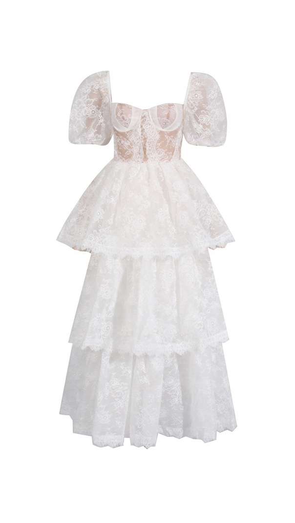 AIIZIE PUFF SLEEVE LACE MAXI DRESS IN WHITE - product image