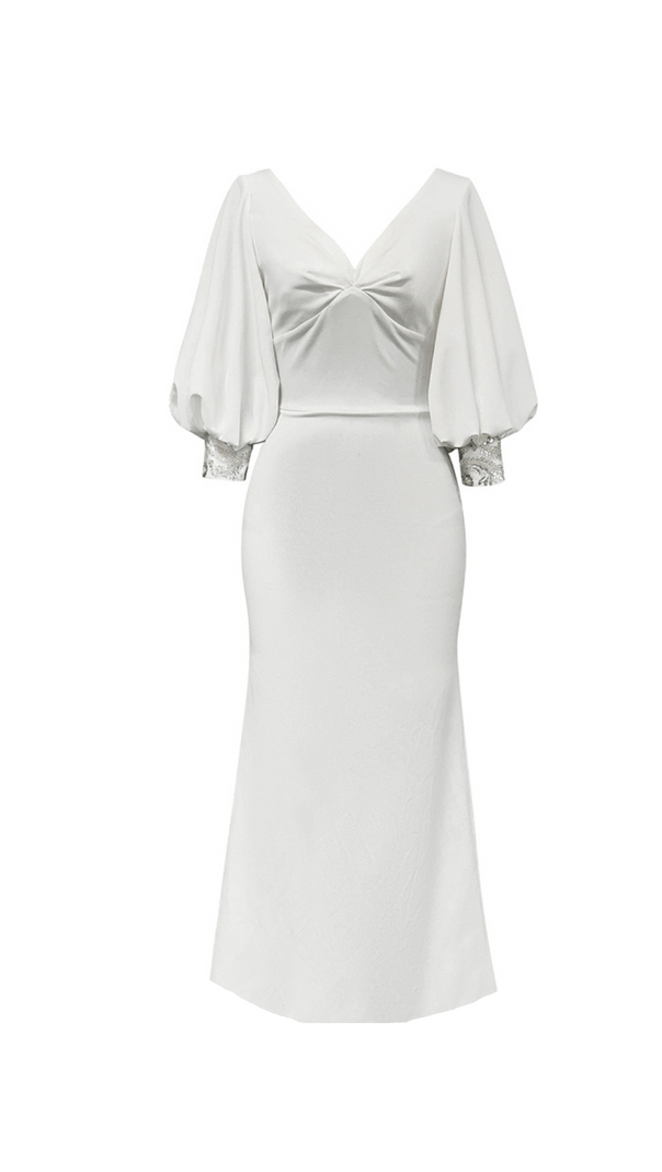 AIIZIE V NECK PUFF SLEEVE BODYCON MAXI DRESS IN WHITE - product image
