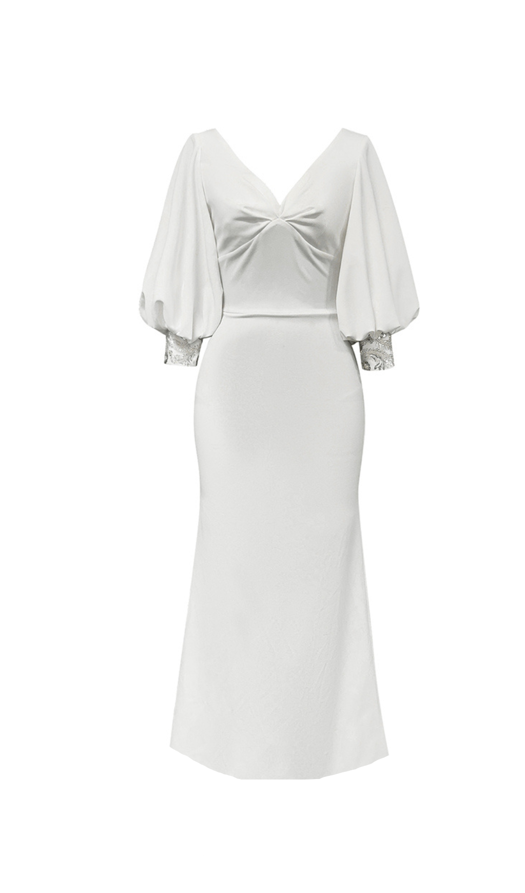 V NECK PUFF SLEEVE BODYCON MAXI DRESS IN WHITE