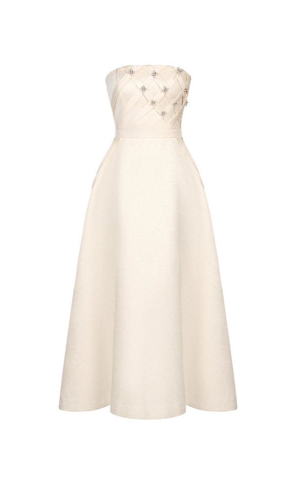 STRAPLESS STRAIGHT NECK MIDI DRESS IN CREAM WHITE