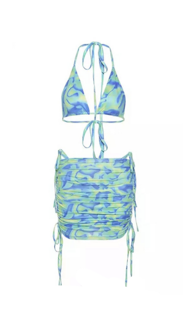 AIIZIE PRINTED BIKINI TOP SKIRT TWO PIECE SET IN GREEN BLUE - product image