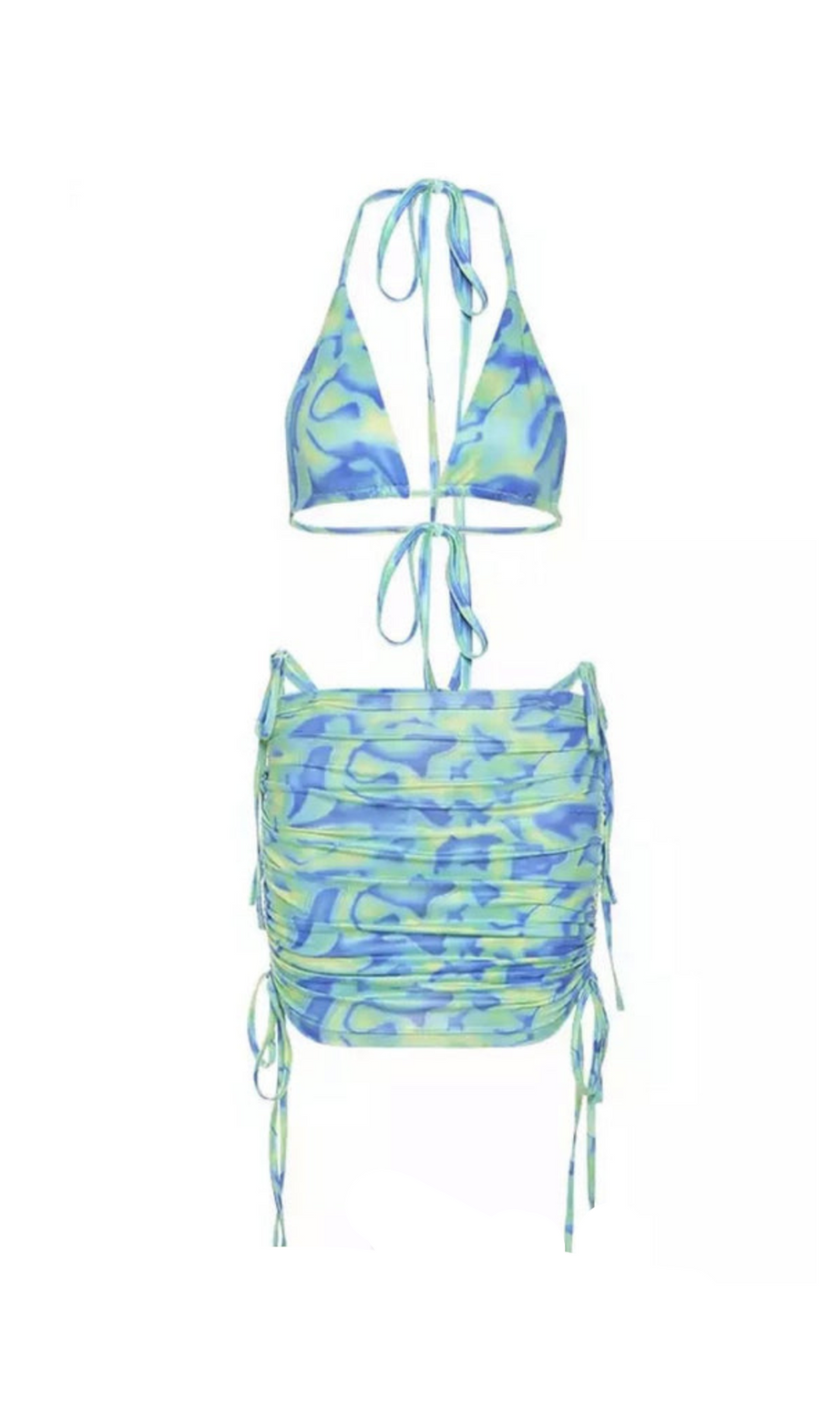 COMPLETO DUE PEZZI CON TOP E GONNA BIKINI STAMPATI IN VERDE BLU