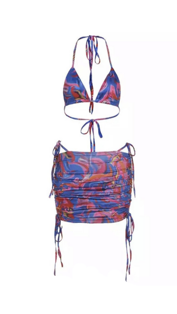 AIIZIE PRINTED BIKINI TOP SKIRT TWO PIECE SET IN PURPLE PINK - product image