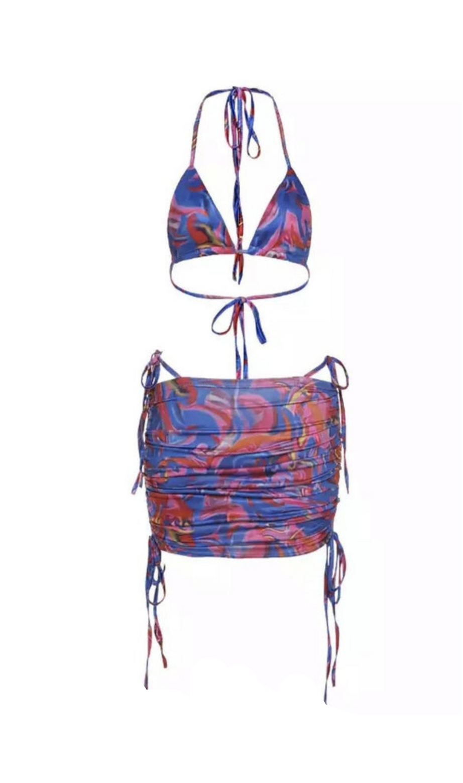 COMPLETO DUE PEZZI CON GONNA E TOP BIKINI STAMPATI IN VIOLA E ROSA