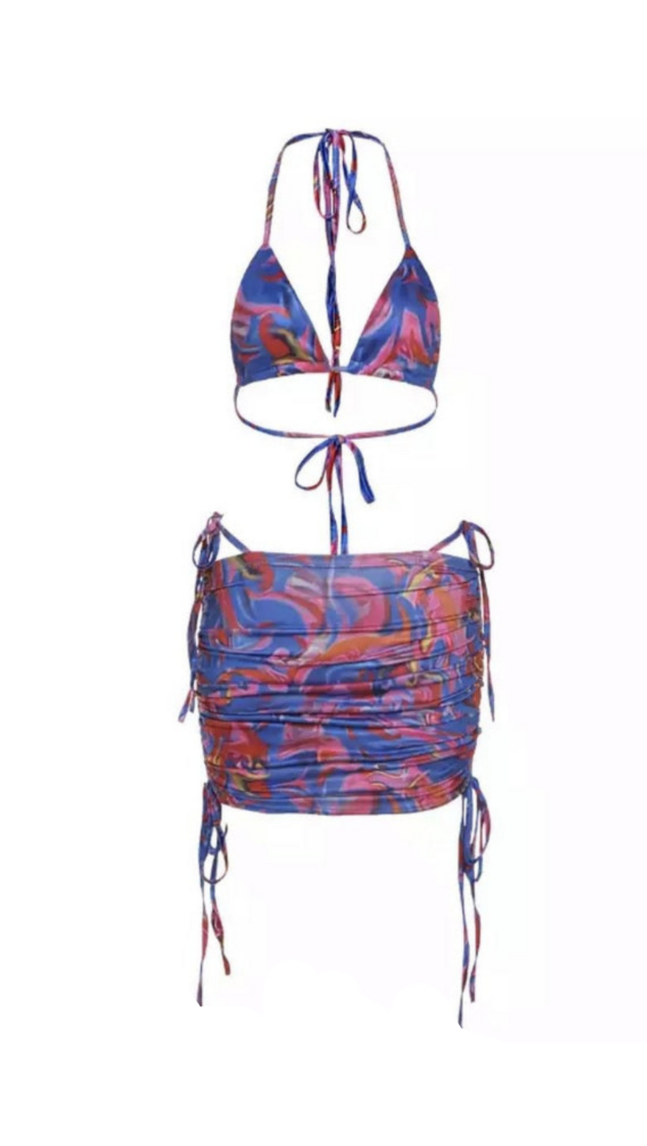 BEDRUCKTES BIKINI-TOP-ROCK-ZWEITEILIGES SET IN LILA-ROSA